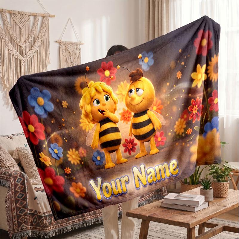 Bing Bunny Personalized Flannel Blanket, Custom Printed Text Name, Warm Soft Blanket For Couch Bed