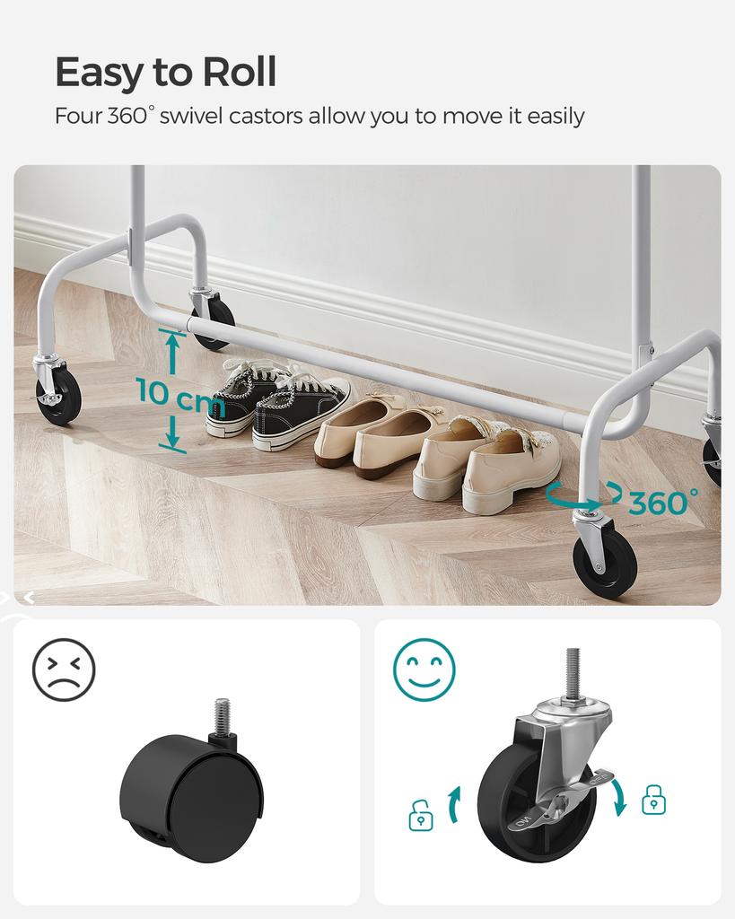 SONGMICS Clothes Rack with Wheels, Heavy-Duty Garment Rack with Extendable Hanging Rod, 130 kg Load Capacity, 45 x (110-150) x 160 cm, Chrome-Plated