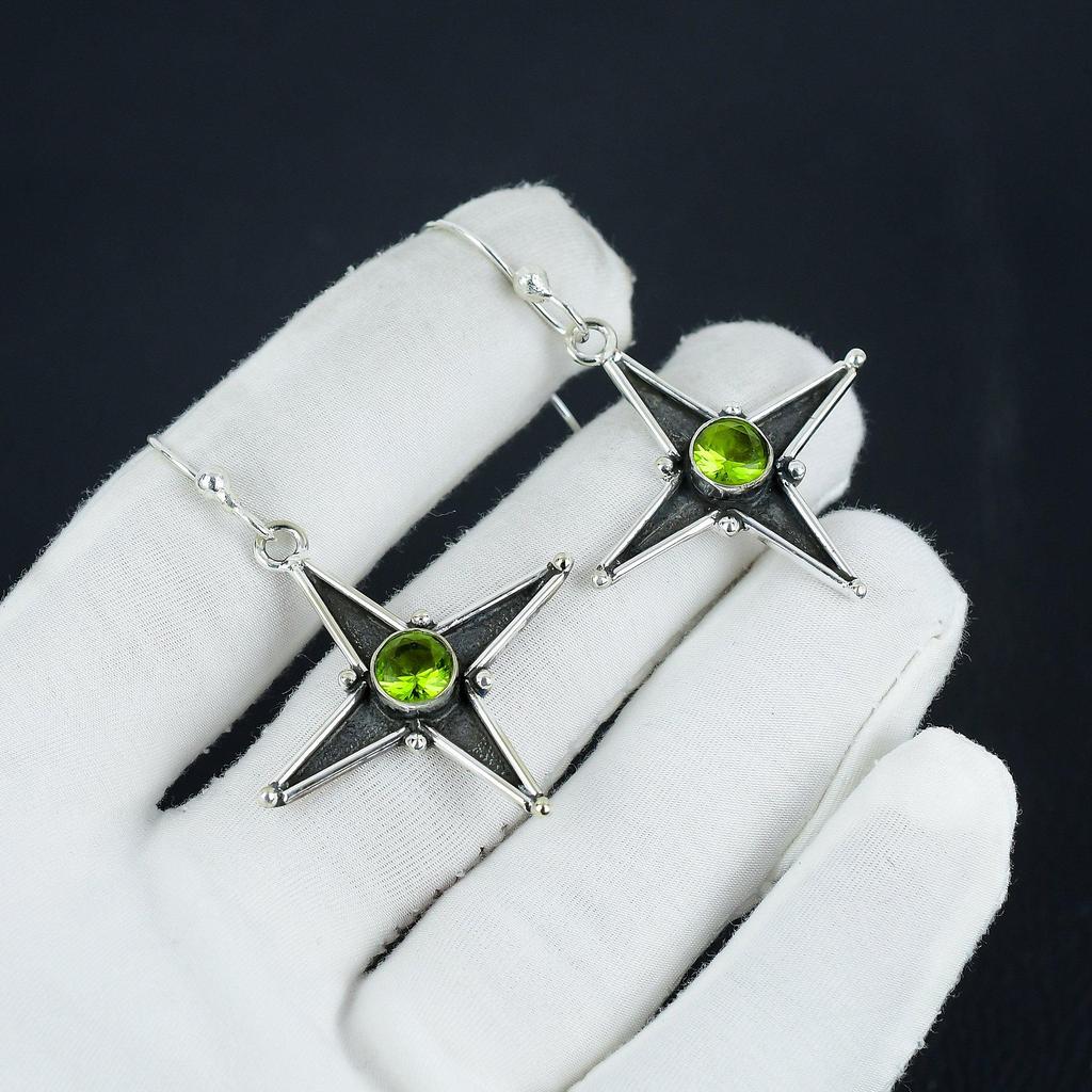 Amazing Peridot Gemstone Star Shape Earrings, 925 Sterling Silver Earring, Handmade Boho Silver Jewelry Dangle Earrings, Anniversary Gift