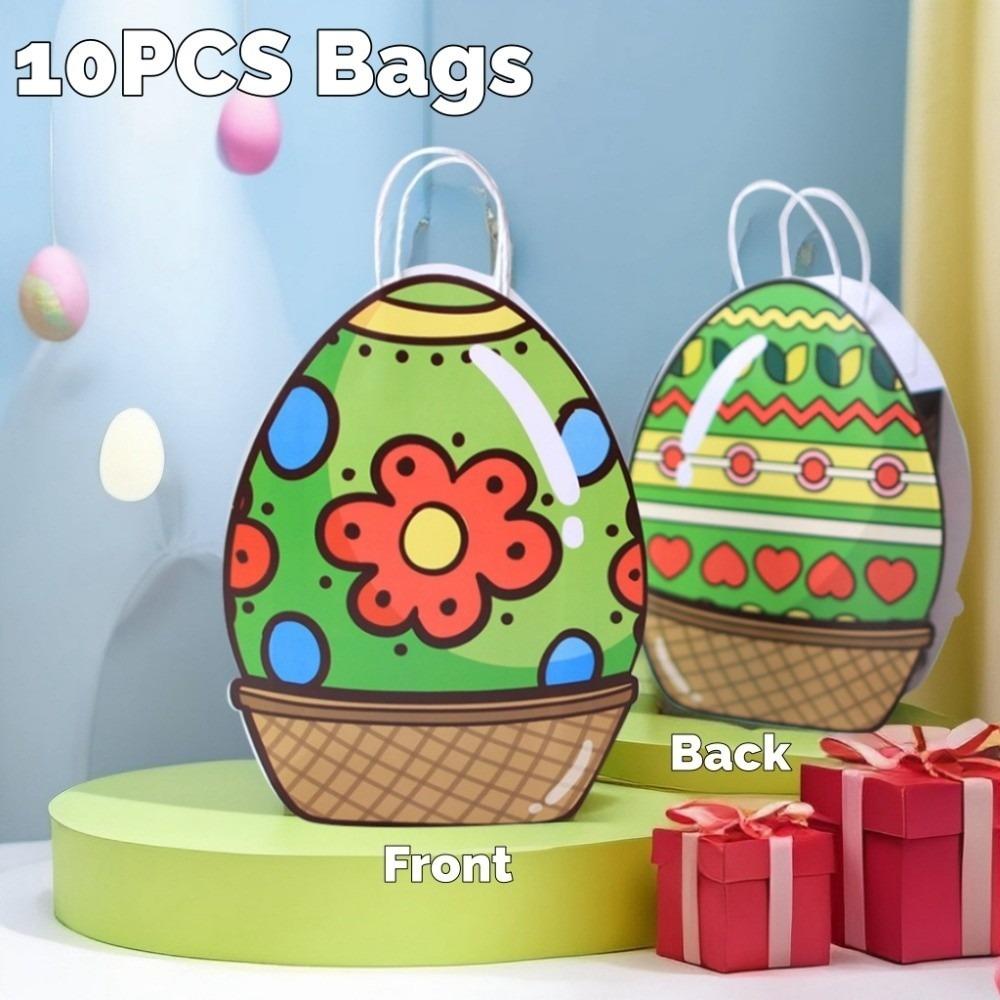 10pcs Colorful Easter Egg Bags Flower Heart Easter Paper Gift Bags Cute with Handles Candy Snacks Present Bags Party Favors