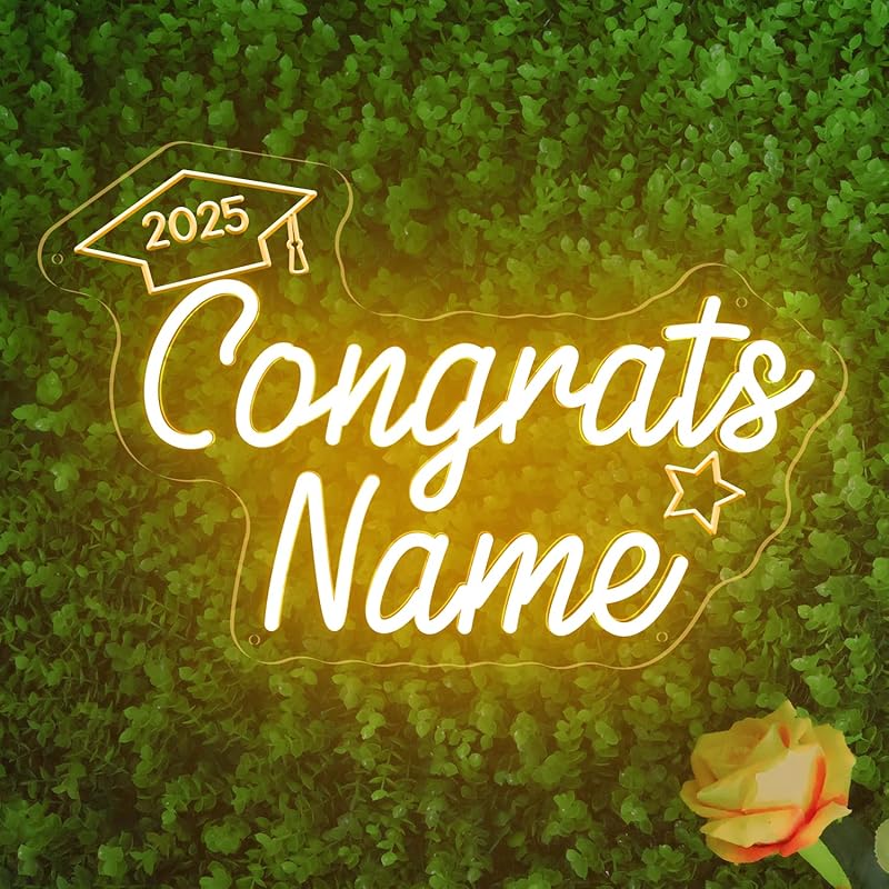 Custom Congrats Name Neon Signs for Class of 2025 Graduation, Personalized Congrats LED Neon Lights with Graduation Cap for Graduation Party Decor,