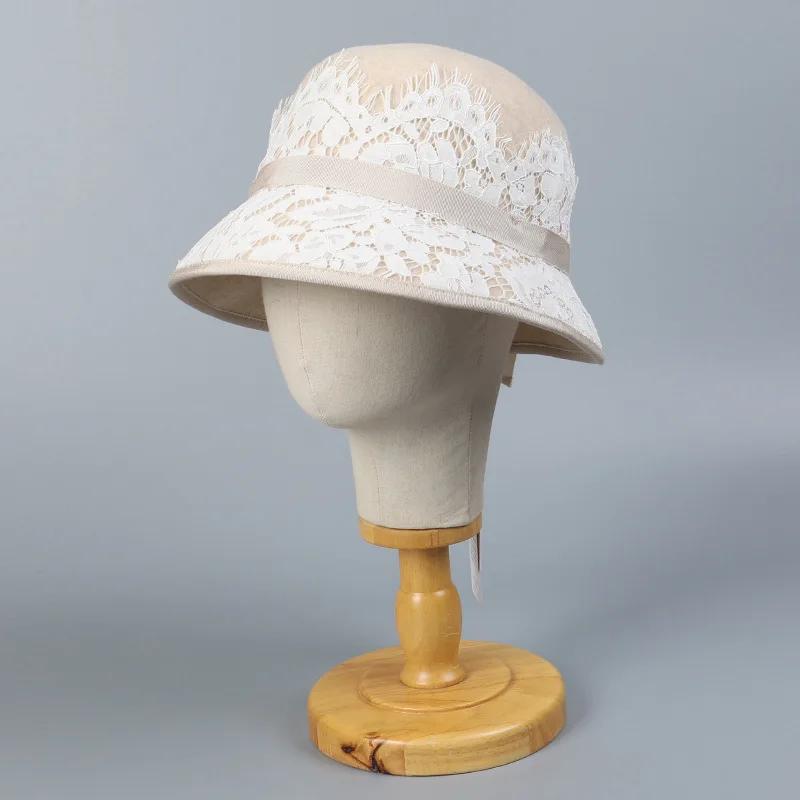 Französische Mode-Socialite Spitze Wolle Zylinder Hut Dame Herbst Winter elegant retro milchweiß Dame warm Fischerhut