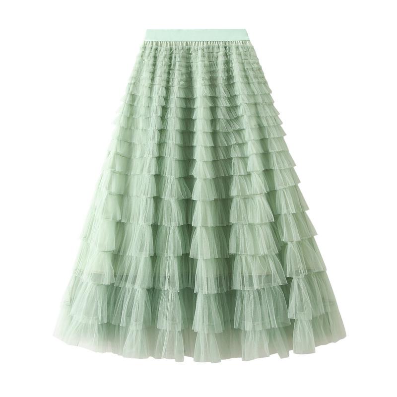 Women's Spring/Autumn 2024 Mesh Ruffle Midi Skirt, Socialite Long Slimming Cake Skirt 2210