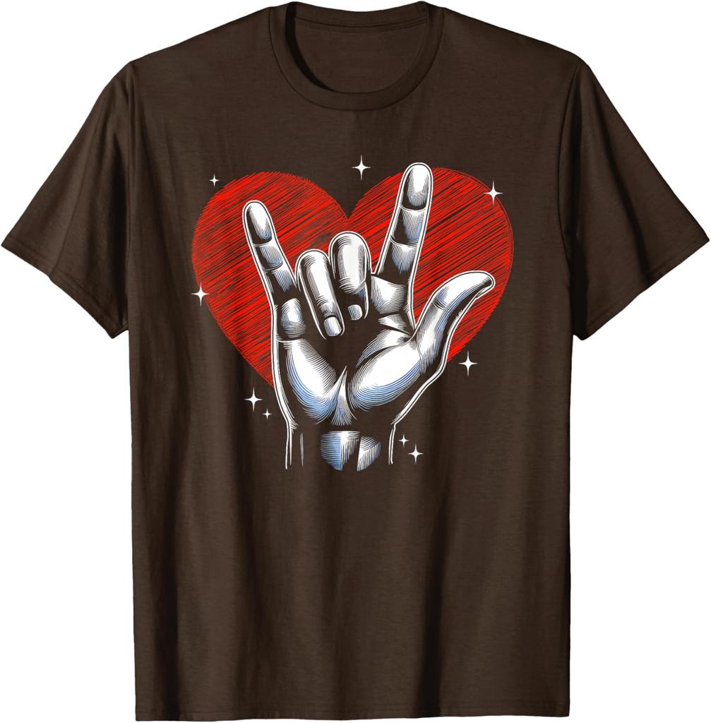 I Love You Hand Sign Rock Gesture Heart Graphic Print Short Sleeve T-Shirt Casual Daily Cotton Tee