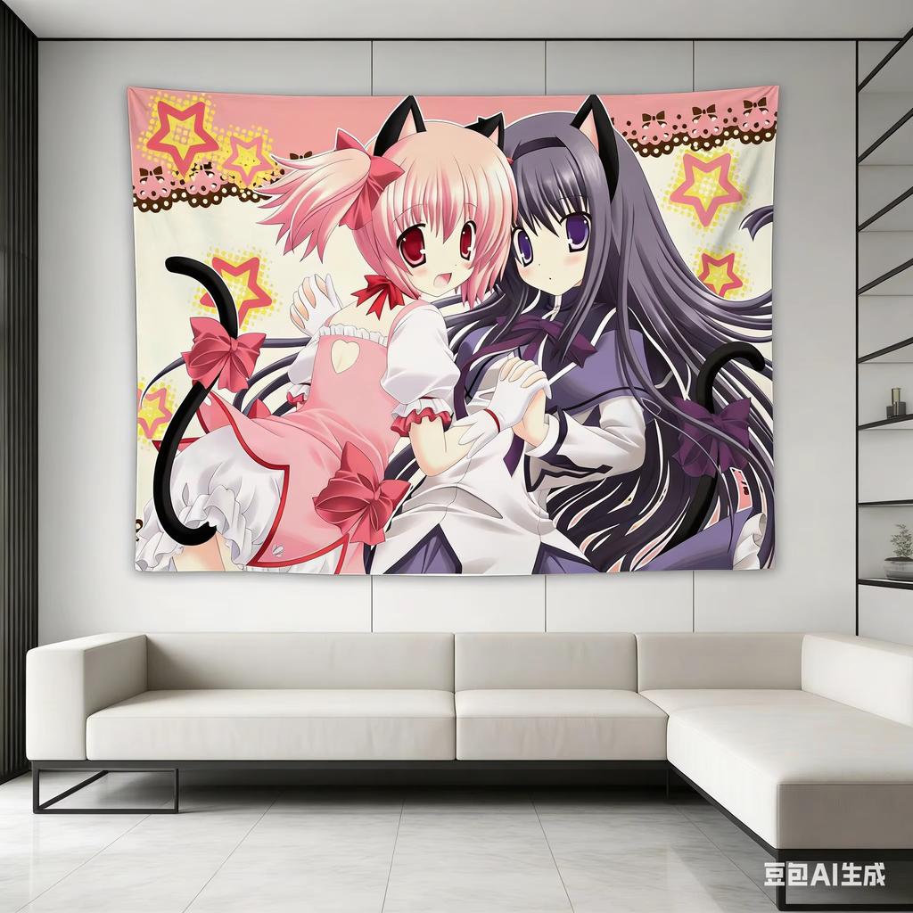 Anime Girls Madoka Neko Tapestry, Starry Kawaii Cat Ear Polyester Wall Hanging For Bedroom Dorm Anime Home Decor Gift