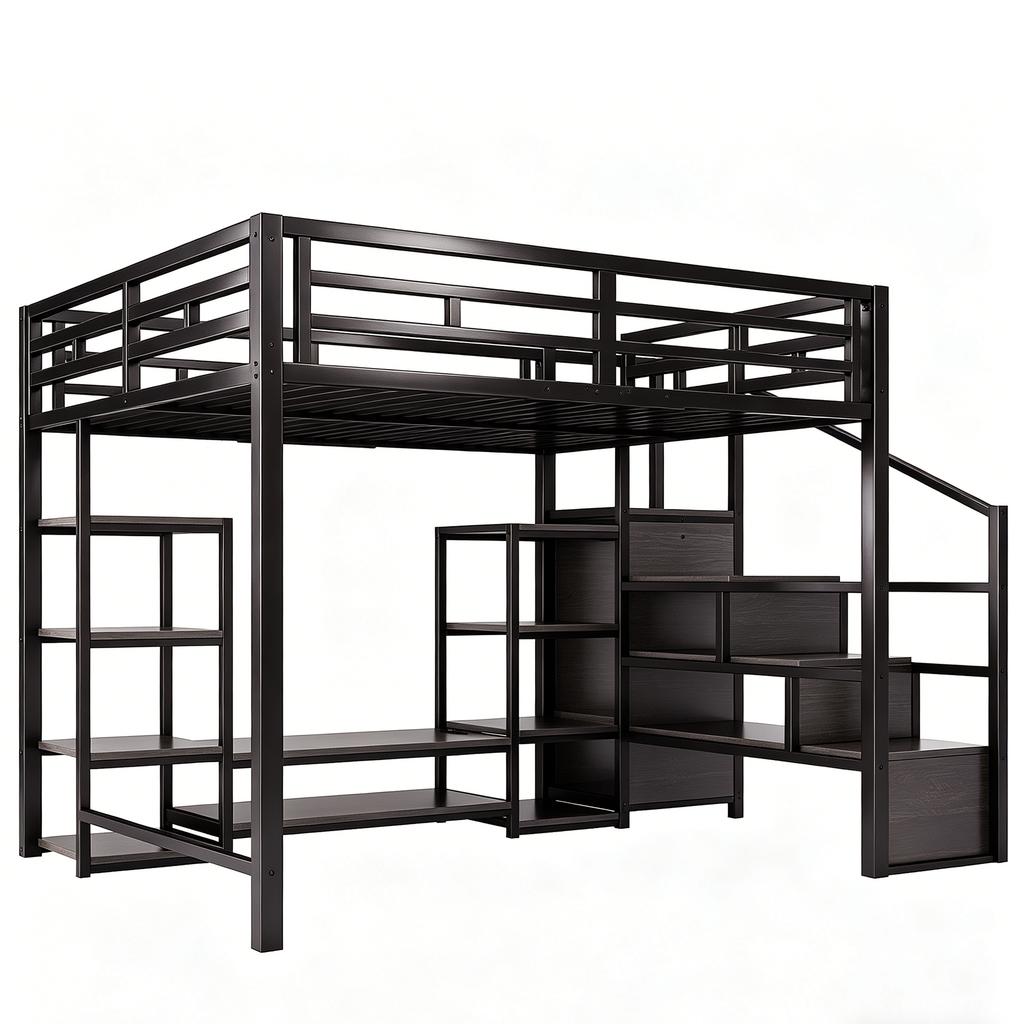 Letto a soppalco 140x200 con supporto TV, presa elettrica e scaletta di sicurezza, Combinazione Metallo-Legno, Salvaspazio, Letto a castello per bambini con spazio contenitore, Nero