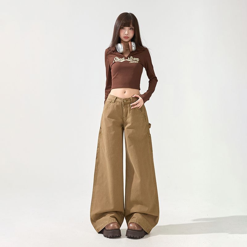 Spring Pure Cotton Low Waist Patchwork Fashion Micro Flare Relaxed Cargo Denim Pants Women Casual Pants Oversize Denim Trousers