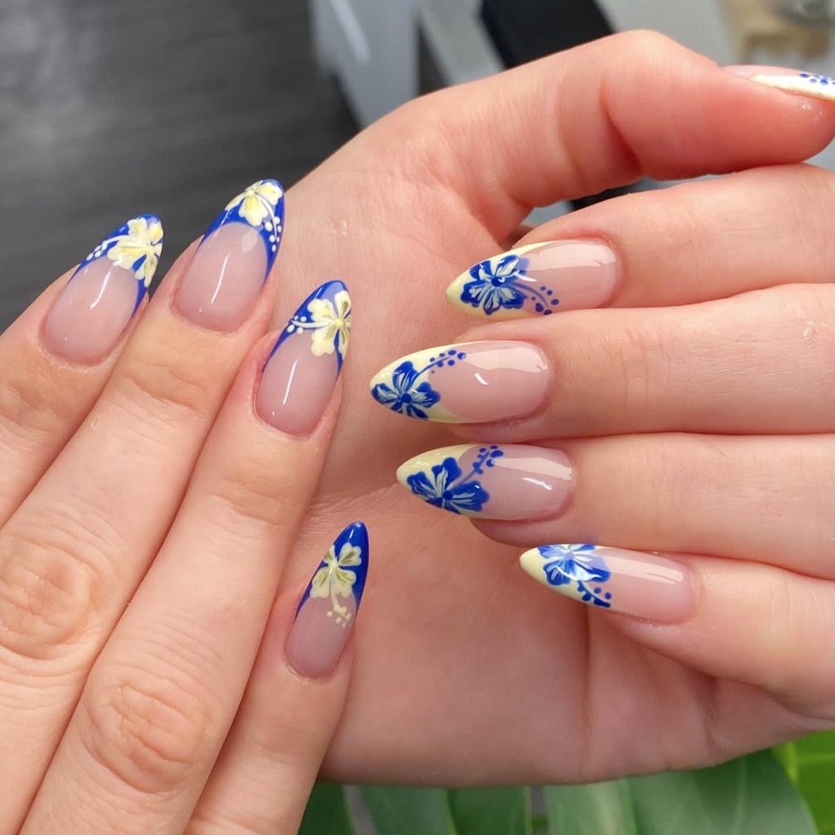 

Yellow & Blue Almond Press-On Nails with French Flower Design