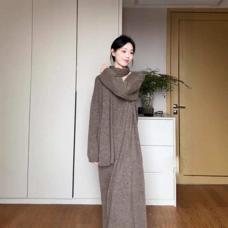 Simple and Versatile Knitted Dress for Women's Autumn and Winter New Loose and Lazy Style with Coat Backing Sweater Long Dress
