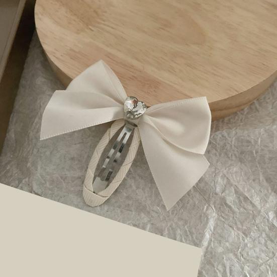 Women Hairpin Smooth Edges Smooth Satin Ribbon Bow Sparkling Rhinestone Rounded BB Clip Hair Accessory