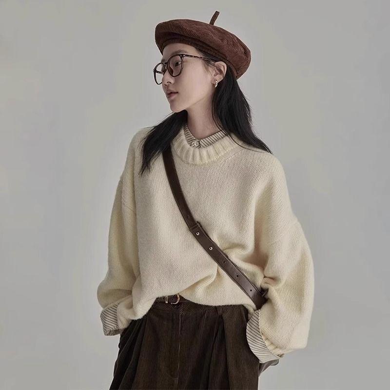 

Вязаный свитер в японском стиле ретро серого цвета, женский, на глубокую осень, с круглым вырезом, свободного и расслабленного стиля, осенне-зимний, базовый для ношения под верхнюю одежду Apricot S