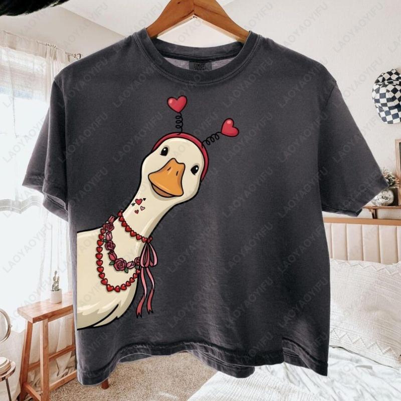 Pink Coquette Valentine Goose Cotton Shirt Funny Duck Oneck Printed Unisex Tops Lovers Clothes Man Women Valentines Day Gift