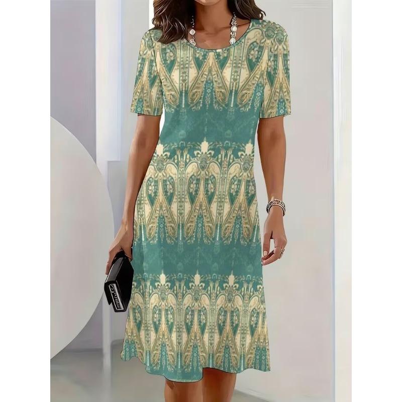 Summer Women Dress Casual Loose Short Sleeve O-Neck Print Mini Dress
