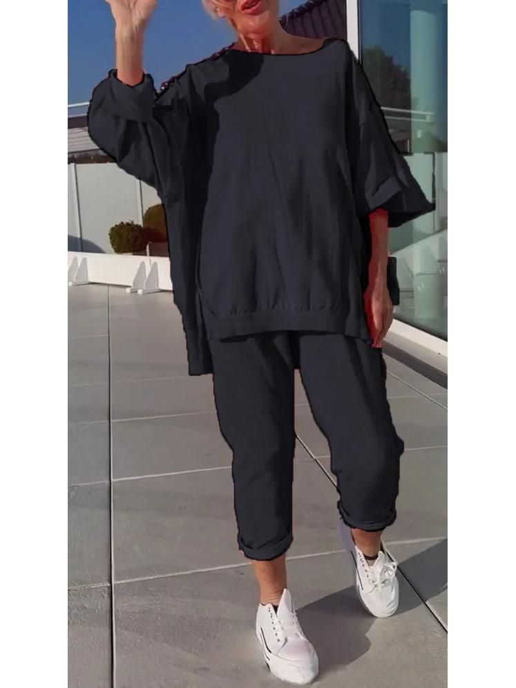 

2025 Женский повседневный однотонный комплект с длинным рукавом и брюками - Европейский и американский стиль 3XL чёрный