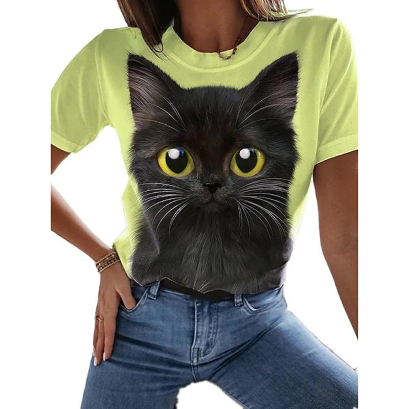 Fashion Woman Blouses T-shirt Women's 3d Cats Print Black Kawaii T Shirt Female Clothing Oversized Summer Top Free Shipping