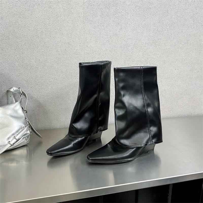 Flax cotton pleated niche design square head personalized short boots new canvas medium tube slope heel Martin boots temperament