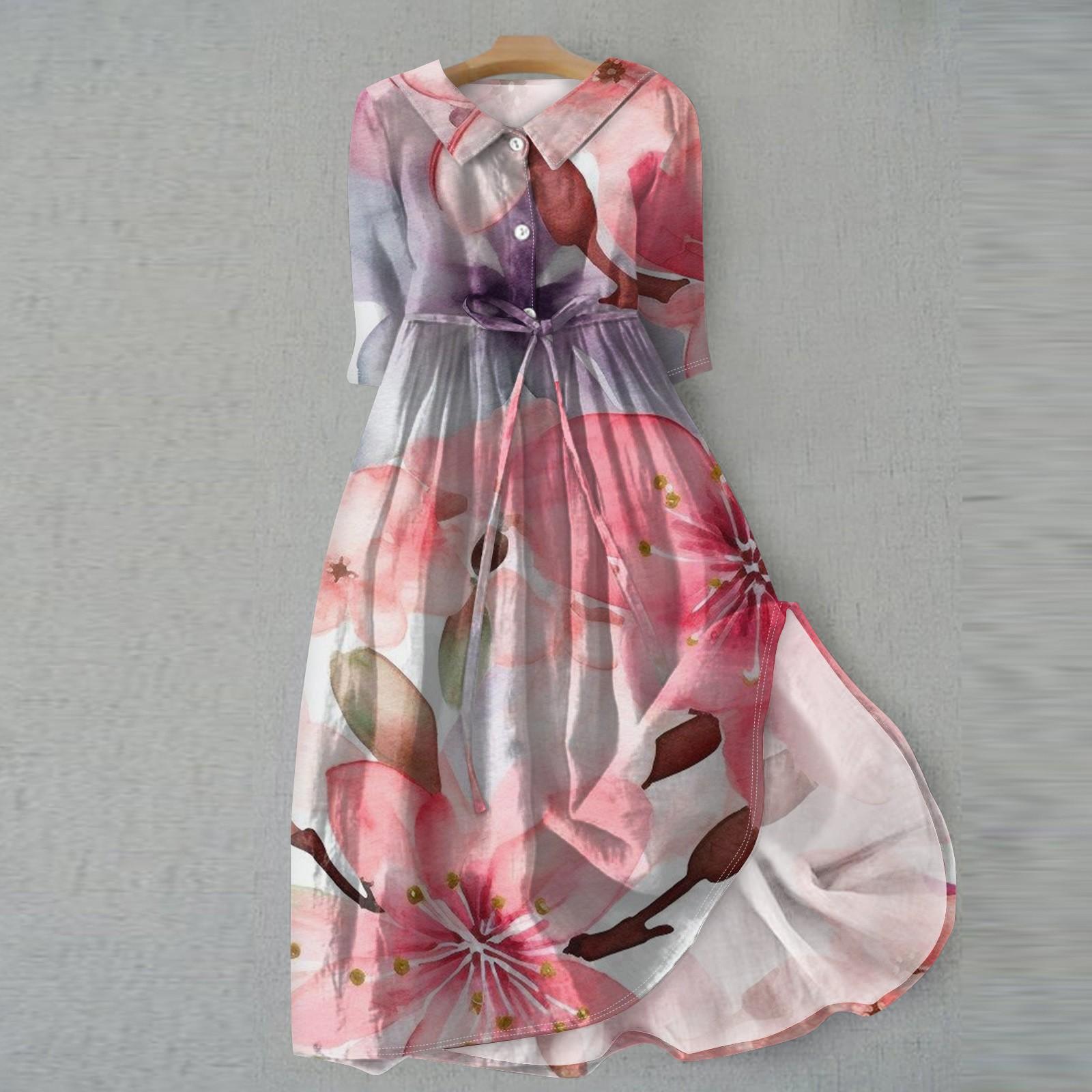 

Женское летнее повседневное модное платье с отворотом и пуговицами с рукавами три четверти и ремнем XXL розовый