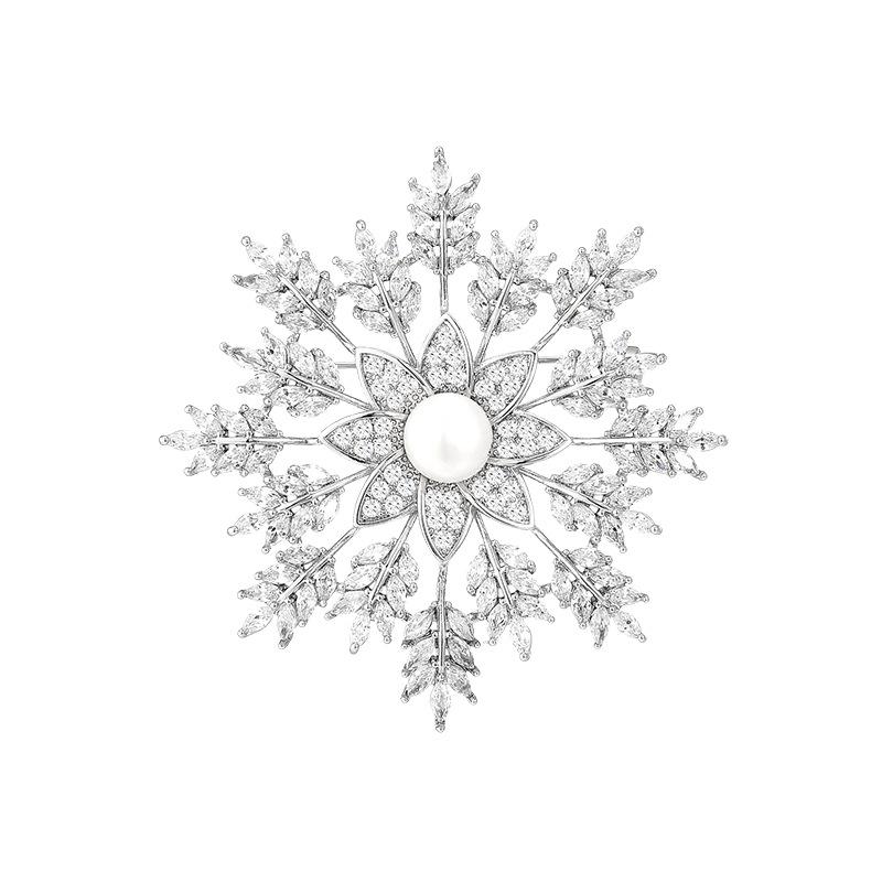 Copper Micro-Inlaid Zircon Natural Freshwater Pearl Snowflake Brooch Brooch Anti-Light Buckle