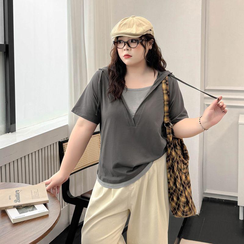 

Plus size women clothing [Popular Shirt This Year] Ice Porcelain Cotton Fake Two Pieces Hood Stripe Short sleeve Summer Slimming Top