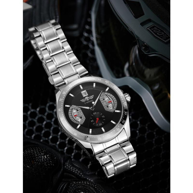 WINNER Sports Gold Automatic Watch for Men Date Display Luminous Hands Stainless Steel Strap Top Brand Luxury Mechanical Watches