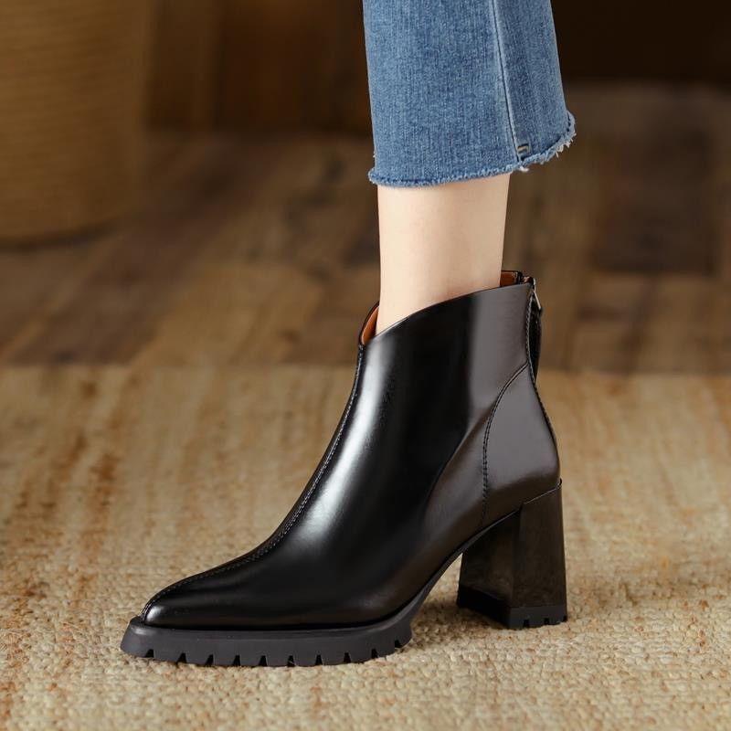 Fashion FHC 2024 Retro Style Women Short Boots,Thick Bottom Booties,High Heeled Ankle Botas,Pointed Toe,Back Zip,Black,Brown,Dropship