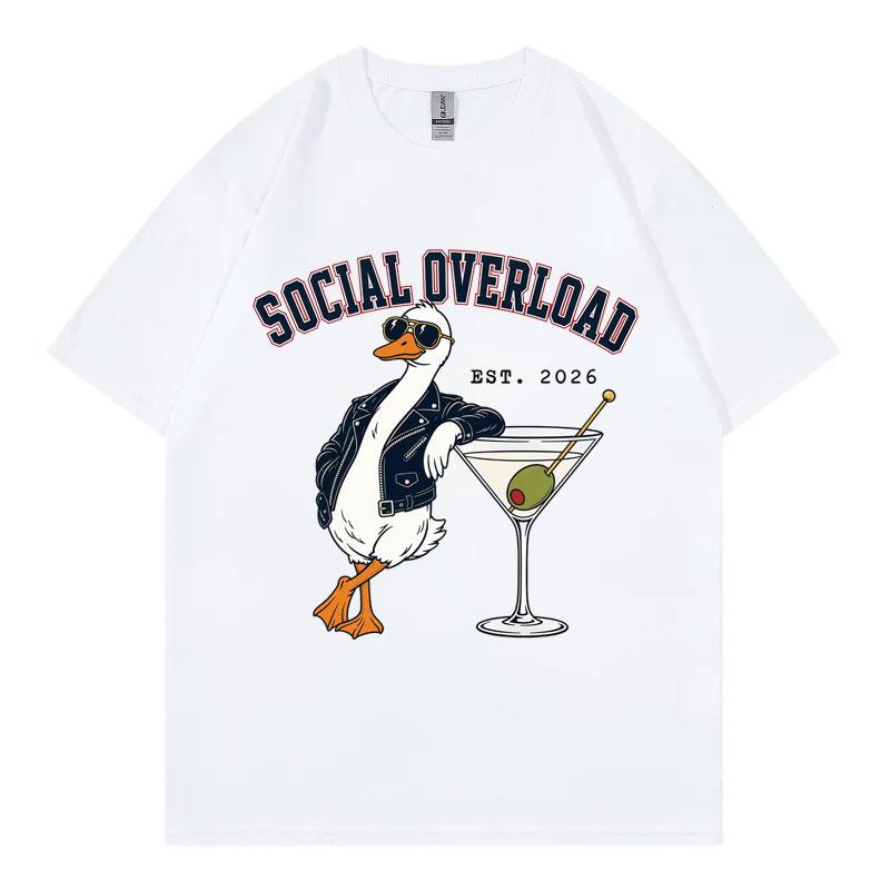 Social Overload Funny Goose Meme T-shirts High Street Fashion Trend Short Sleeve T Shirt Men Women Casual Cotton Summer T-shirt