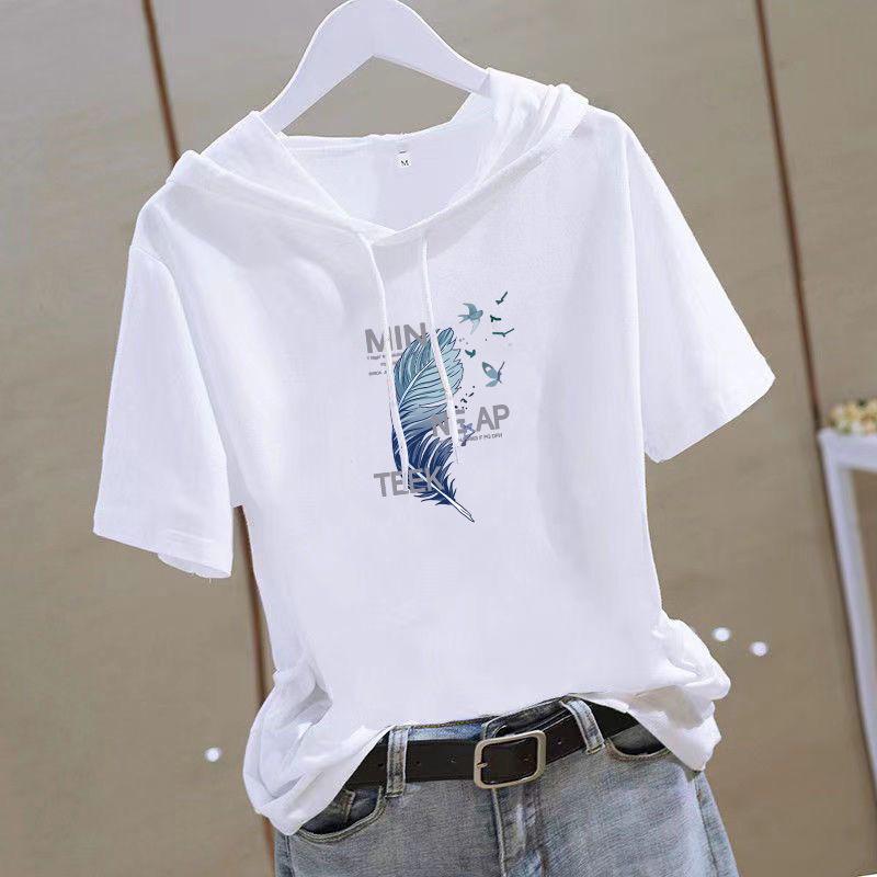 Women s Short Sleeve Hooded T Shirt Loose Fit Summer Casual Slimming Youthful White Top 90