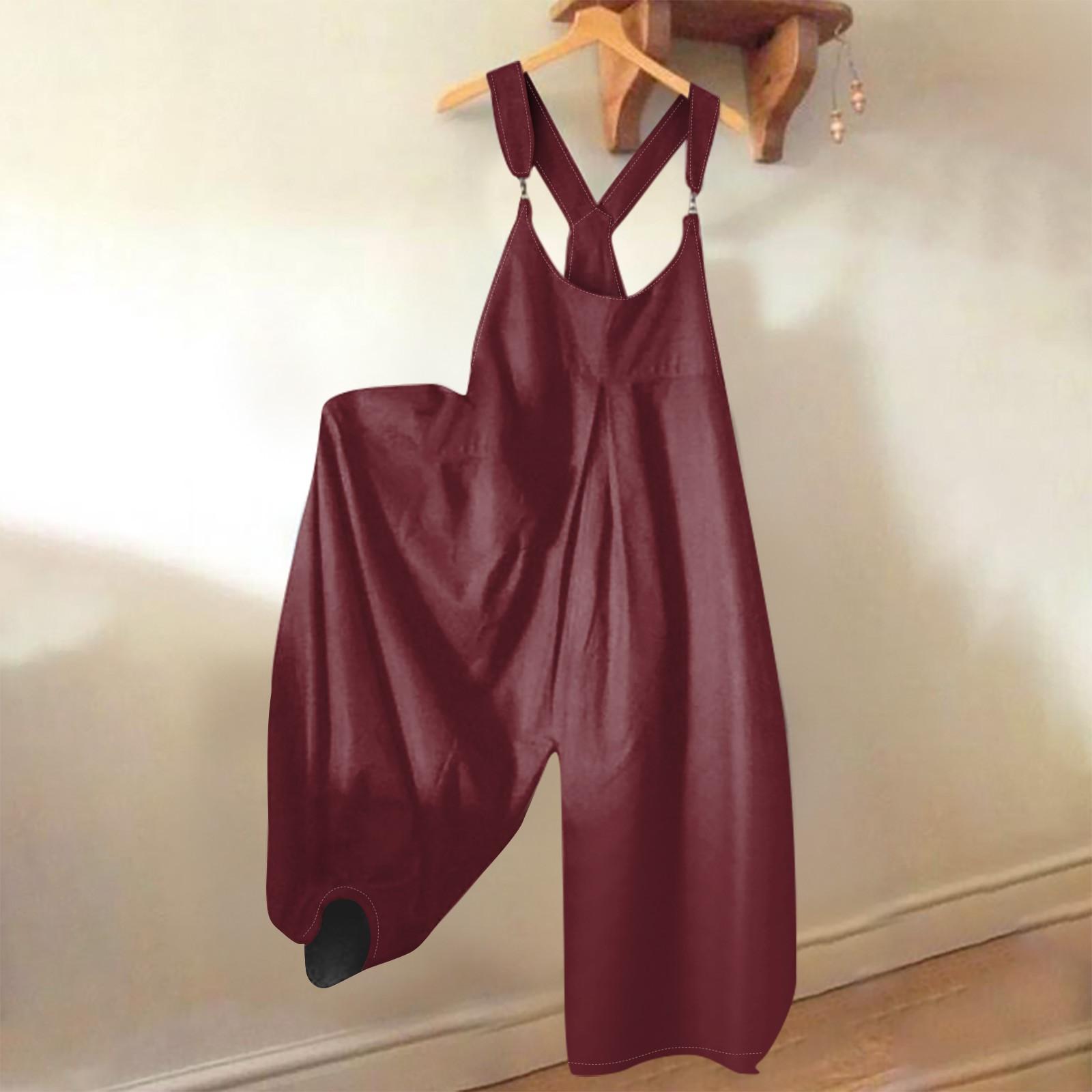 

Жіночі повсякденні та модні літні штани на лямках, однотонний вільний комбінезон у стилі ретро з кишенями XL винний