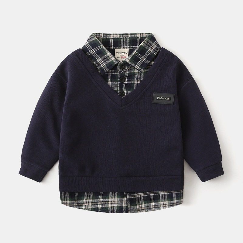 Kids False Two-Piece Sweaters Spring and Autumn K-style Boys' Shirt Patchwork Clothes Baby Boys' Lapel Gingham Shirt