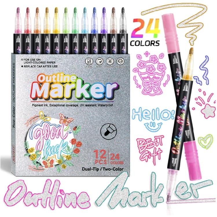 Outline Pen Set, 12Pcs Metallic Outline Marker Pens Gifts Card Writing Double Line Outline Pens Metallic Paint Markers