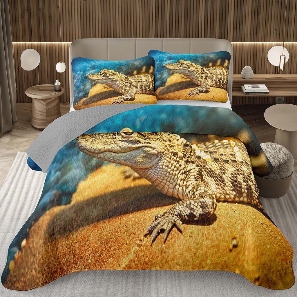 Teens Krokodil Tagesdecke Alligator Muster Tagesdecke Set Full Queen Größe Wildtier Gestepptes Bettwäscheset für Kinder Jungen Mädchen
