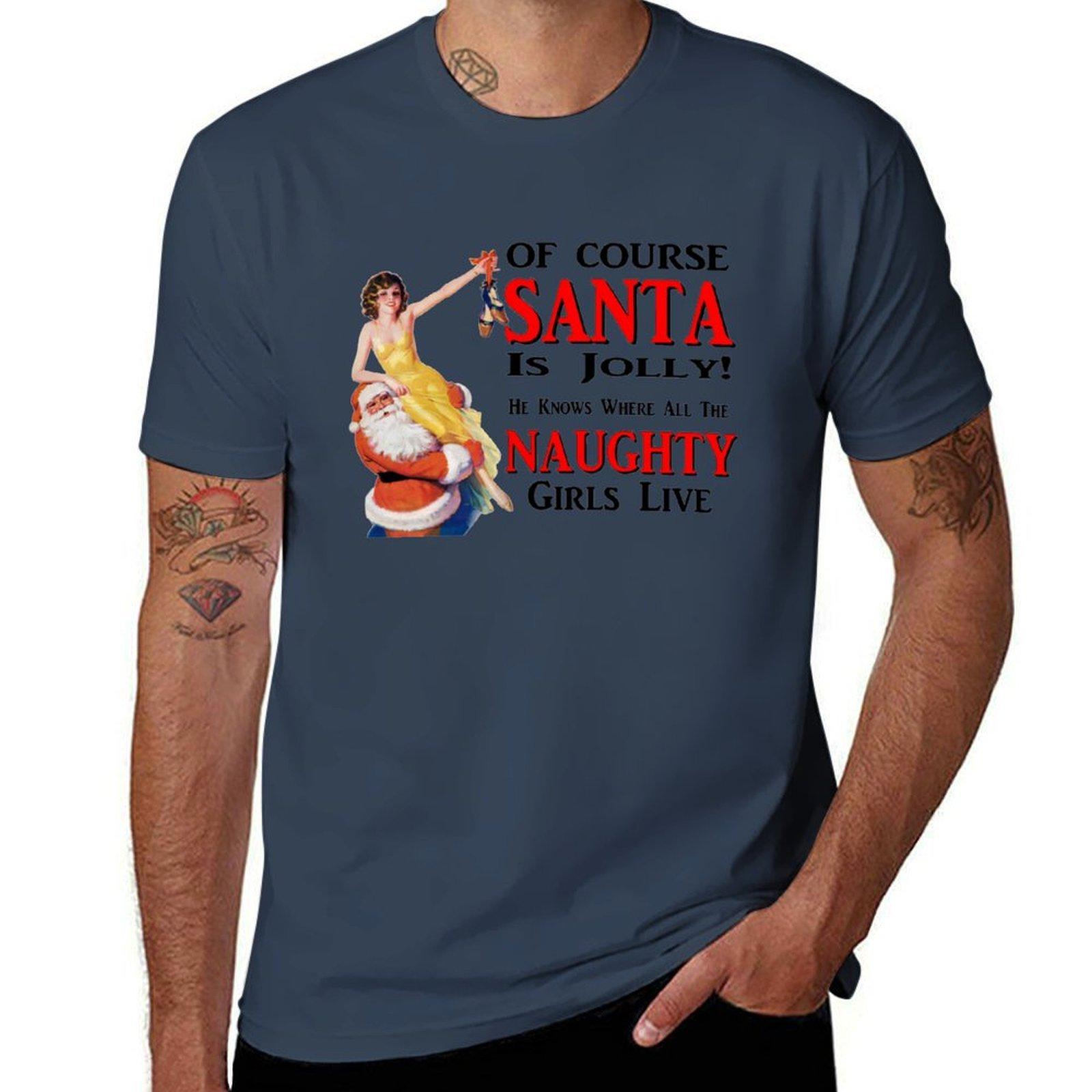 Jolly Santa Knows The Naughty Girls Christmas Design Tshirt Plus Size Summer Short Sleeve Tshirt S