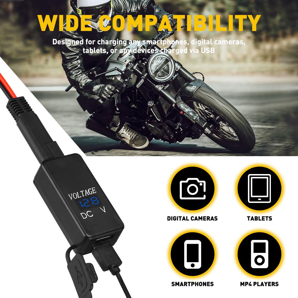 QC3.0 Motorcycle 2 USB Fast Charger Waterproof With Voltmeter Digital Charge SAE To USB  Motorbike Inline Fuse Power Supply