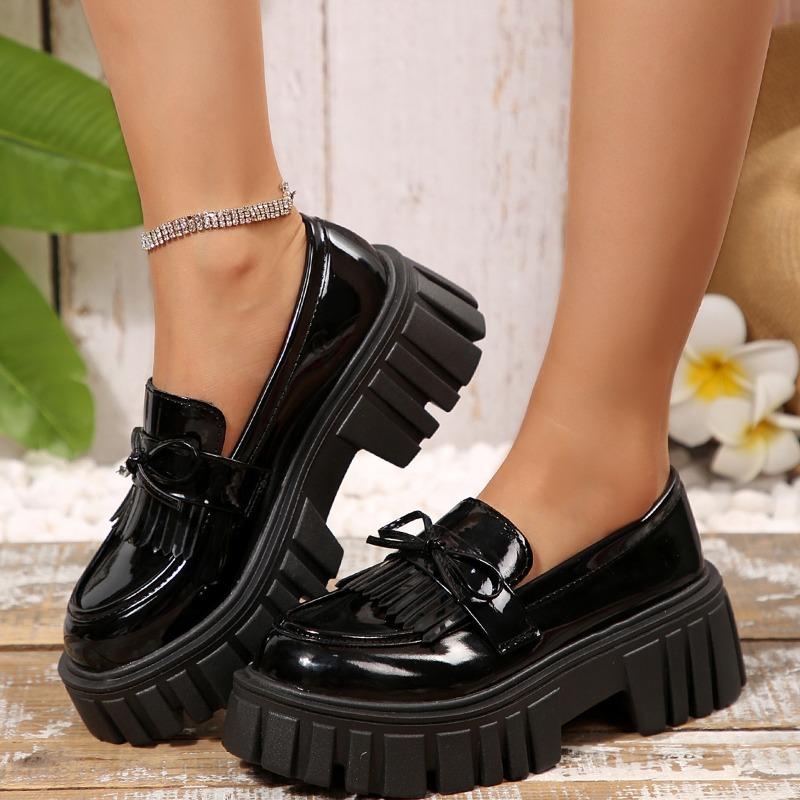 Fashion Women's Platform Thick Heel Loafers Plus Size Fashion Black Patent Leather Dress Shoes Woman Comfortable Slip on Outdoor Shoes