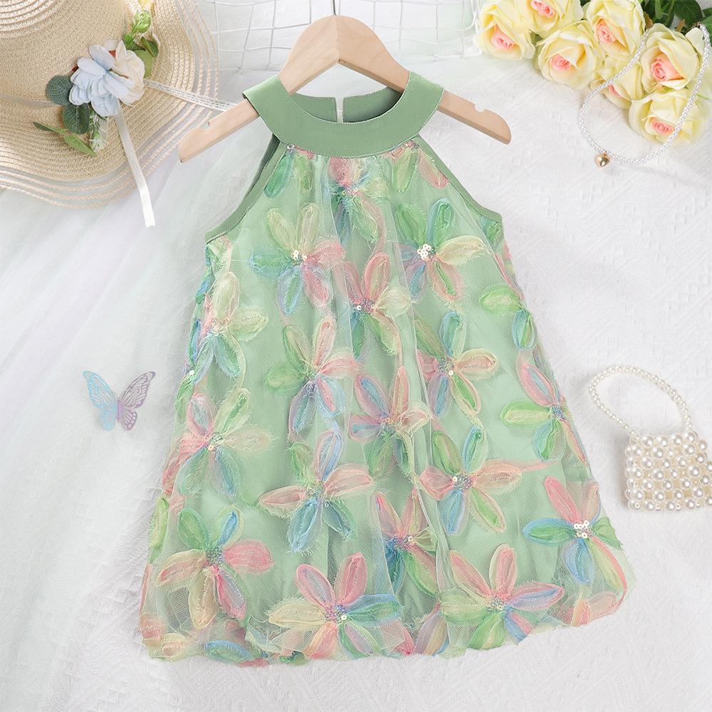 Summer Girls Sleeveless Mesh Sequin Bow Princess Dress Cute Party Outfit For Kids 100cm