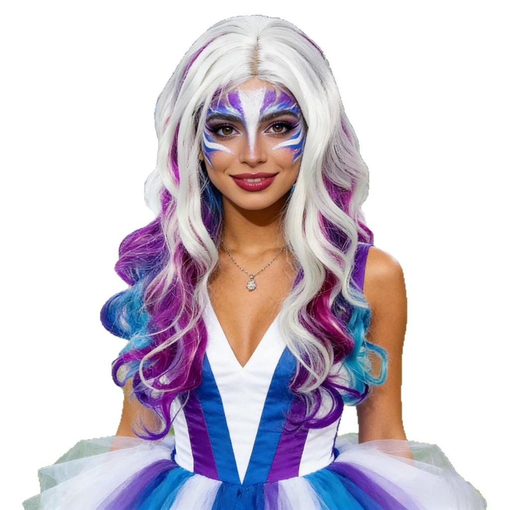 Long Curly Multicolor Party Wig with Big Waves and Middle Part