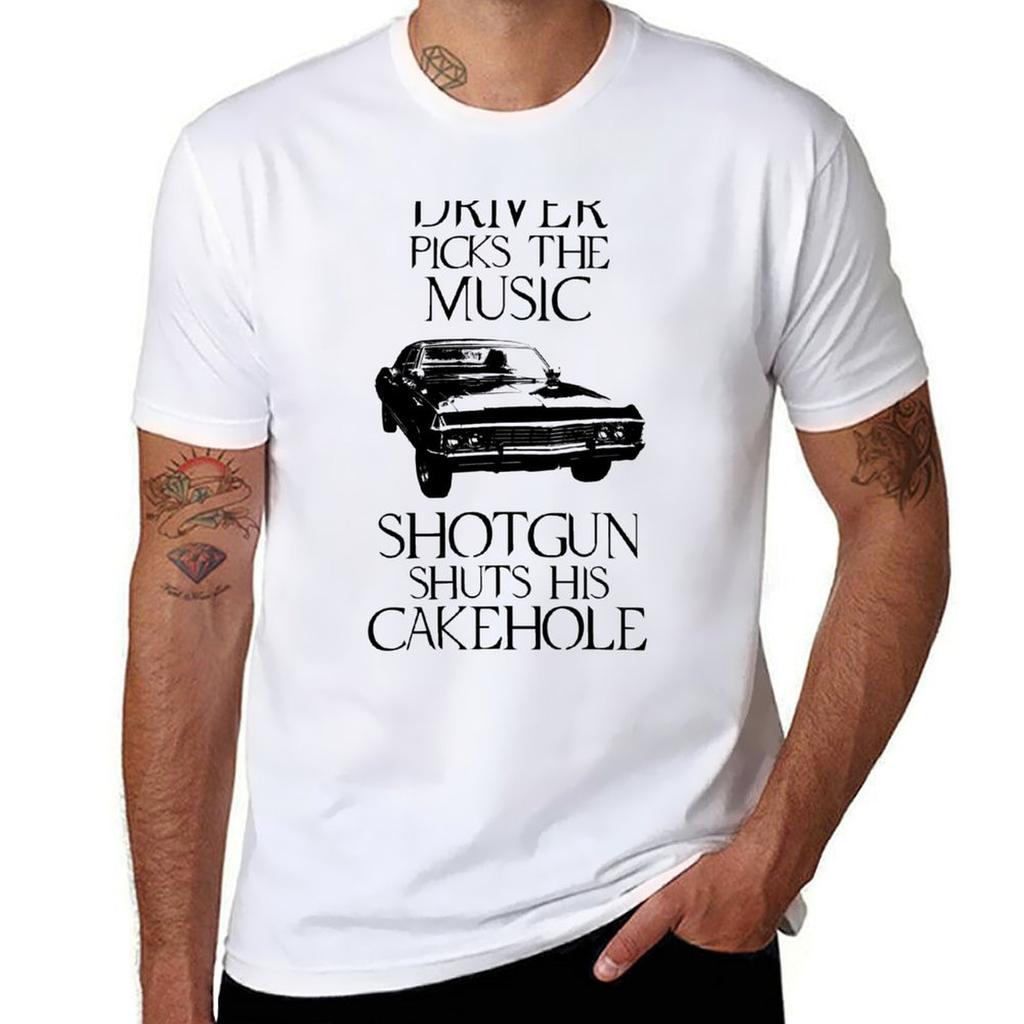 Driver Picks The Music Shotgun Shuts His Cakehole (Supernatural) TShirt Fashion Print Casual Short Sleeve TShirt