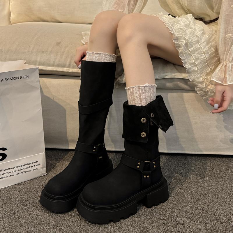 Winter Vintage Platform Woman Knight High Boots Fashion Belt Buckle Thick Sole Shoes Ladies Concise Punk Style Modern Long Botas