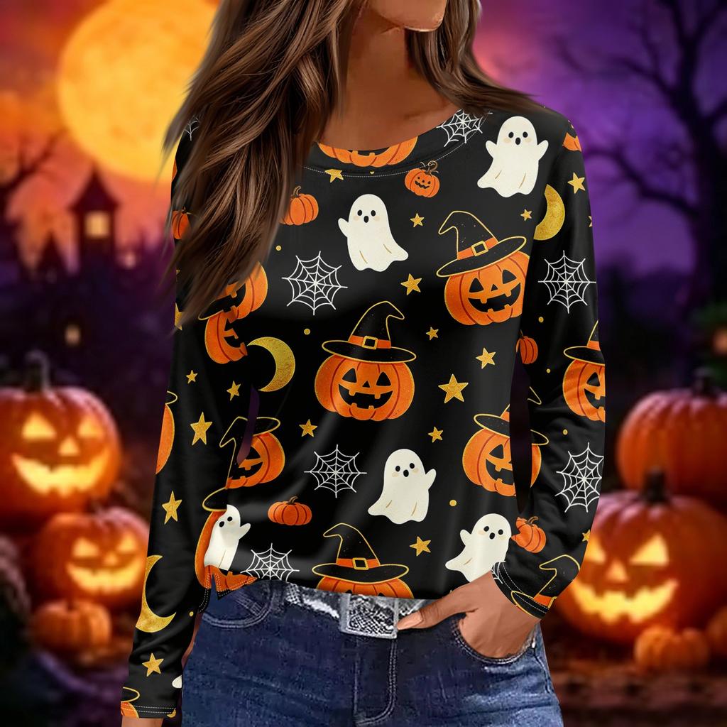 Womens Halloween Print Long Sleeve Top Round Neck Casual Pullover Shirt with Side Slit Hem Lightweight Stretchy Fabric