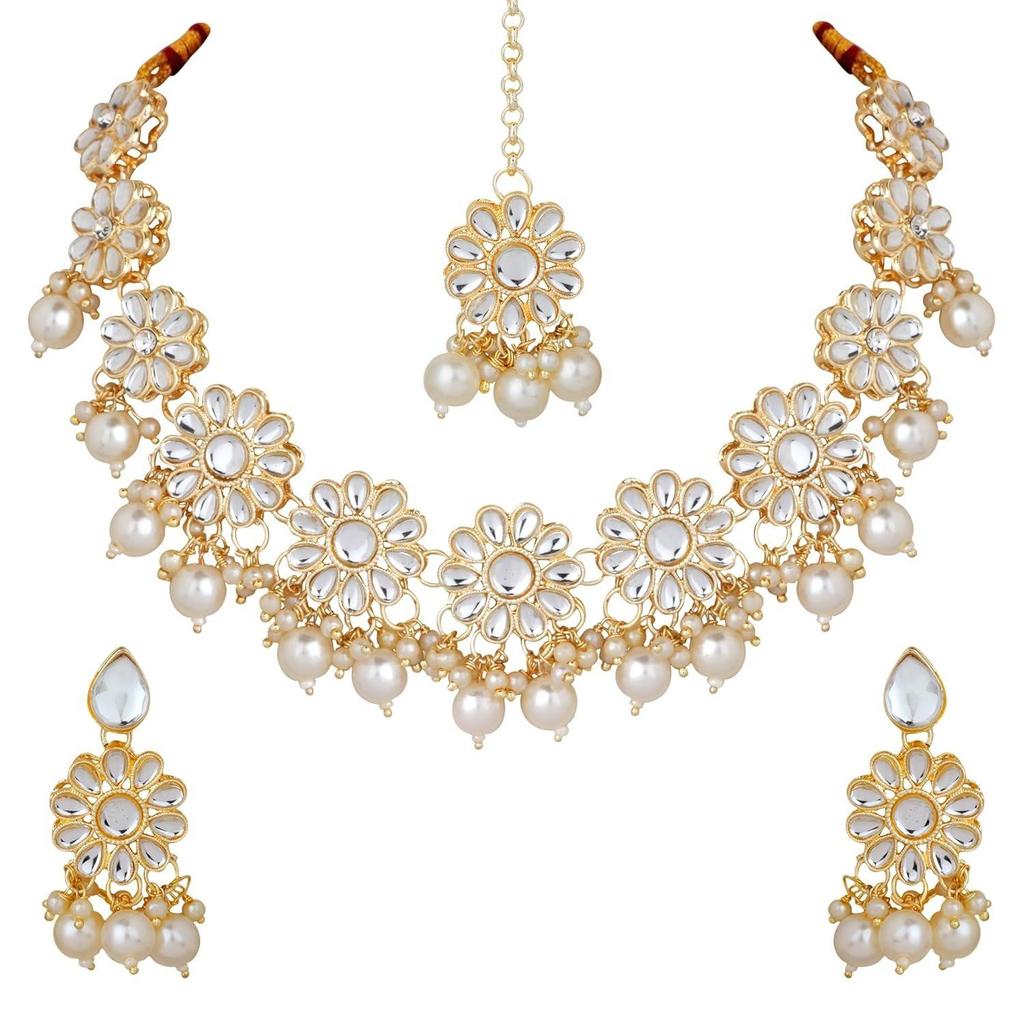 Traditional White Pearl Kundan Necklace Set | Kundan Choker | Fancy Jewellery with Earrings and Maang Tikka for Women Girls