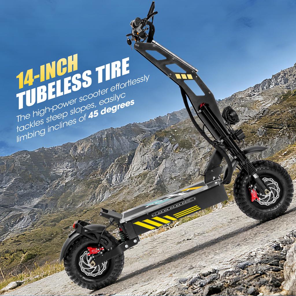 Patinete eléctrico T116 plus con motor de 8000 W, batería de 60 V y 40 Ah, velocidad máxima de 88 km/h, autonomía de 90 km, neumáticos de 14 pulgadas y diseño plegable.