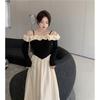 Temperament lace one-word neck splicing contrasting color long-sleeved dress women's season new medium and long a-word skirt