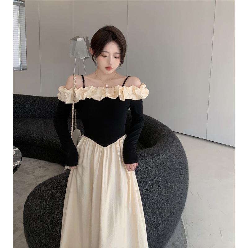 Temperament lace one-word neck splicing contrasting color long-sleeved dress women's season new medium and long a-word skirt