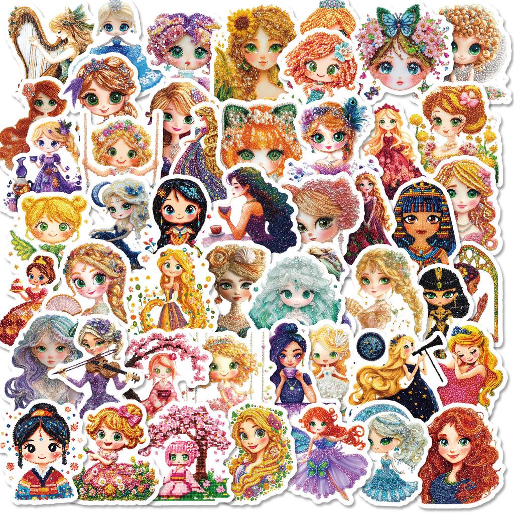 50PCS Cute Princess Diamond Painting Stickers, Waterproof Decals for Phone Case Guitar Water Cup