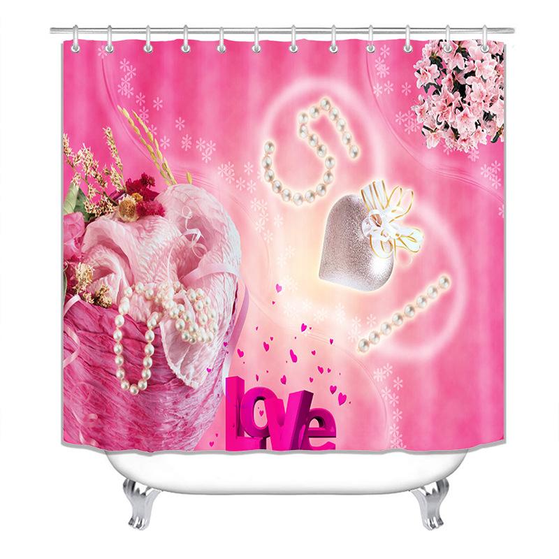 Valentine's Day Bathroom Bathing Waterproof Shower Curtain Home Entrance Doormat Bathtub 4Pcs Set Toilet Seat Cover Rugs Bath Non-Slip Floor Mat Love