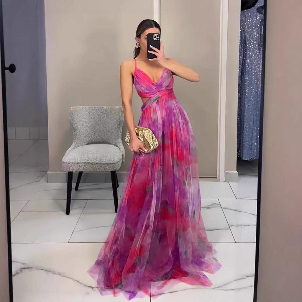 Europe, America spring and summer new mesh printing suspender dress INS vacation casual party dress