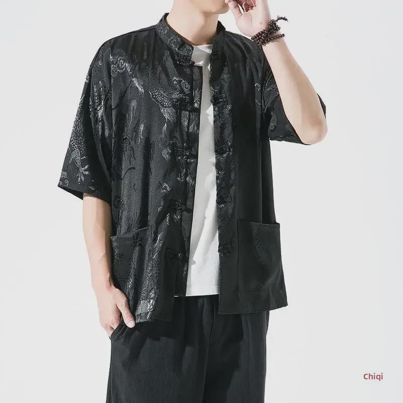Herren-Tang-Hemd aus Eisseide mit Drachenmuster im chinesischen Stil – kurze Ärmel, lockere Passform