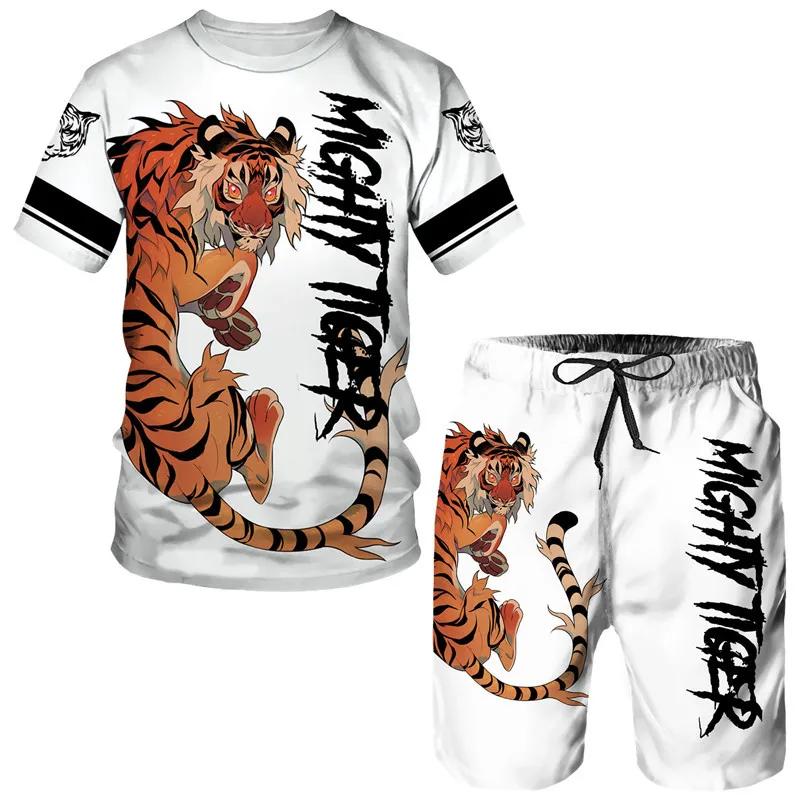 3D Tiger Print Plus-size Men's T-shirt Casual Daily Outdoor Fitness Quick-drying Breathable Street Short Sleeve Shorts Set