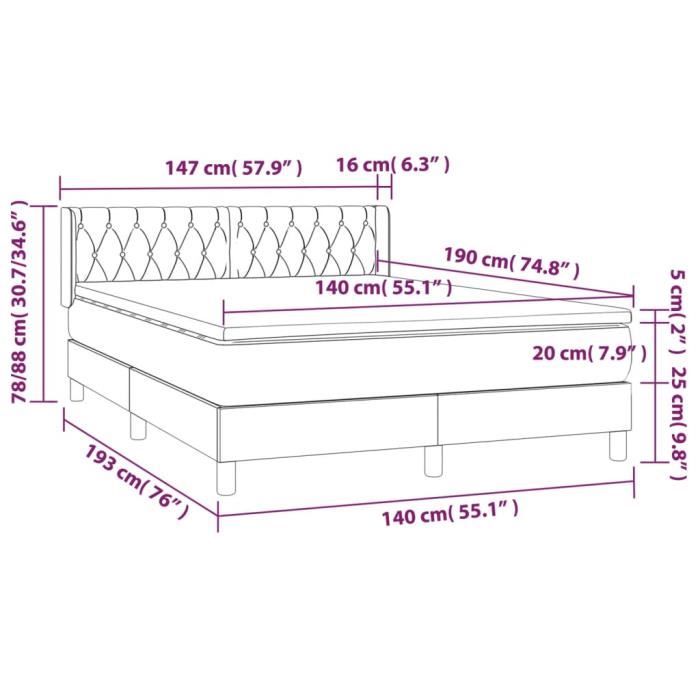 VidaXL Lit à sommier tapissier et matelas Gris foncé 140x190cm Velours 3131136
