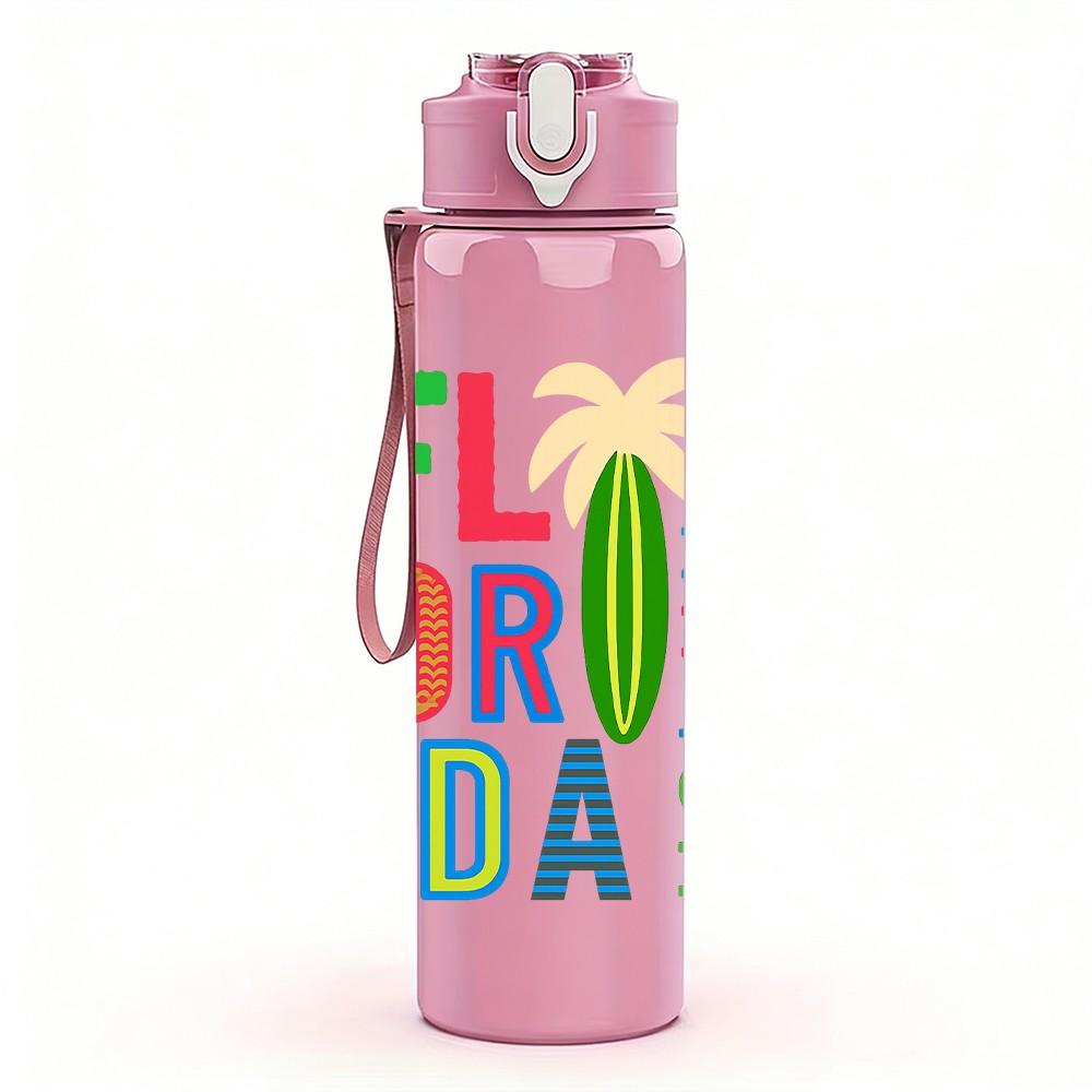 1PC Florida Beach Letter 750ml Color Plastic Sports Water Bottle Leakproof Flip Straw Lid Suitable for Sports Office Home Use